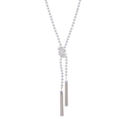 Silver pearl tassel lariat necklace
